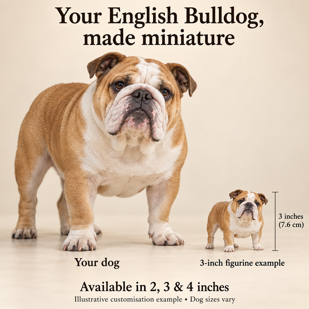 Illustrative English Bulldog comparison showing a small 3-inch figurine beside a dog; available in 2, 3 and 4 inches. Dog sizes vary.