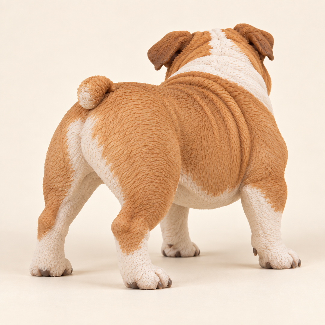 Illustrative rear view of a custom English Bulldog polymer clay figurine.