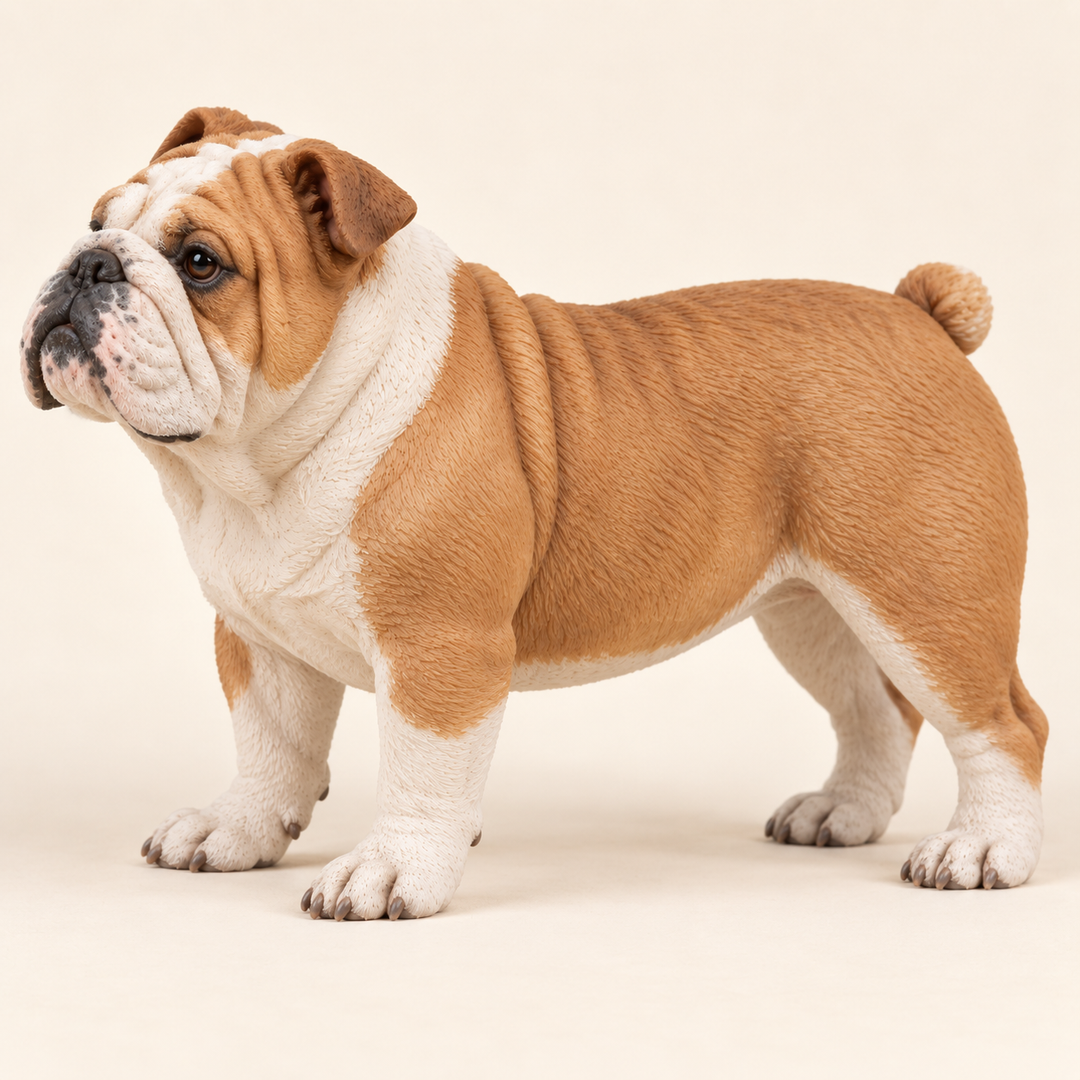 Illustrative side view of a custom English Bulldog polymer clay figurine.