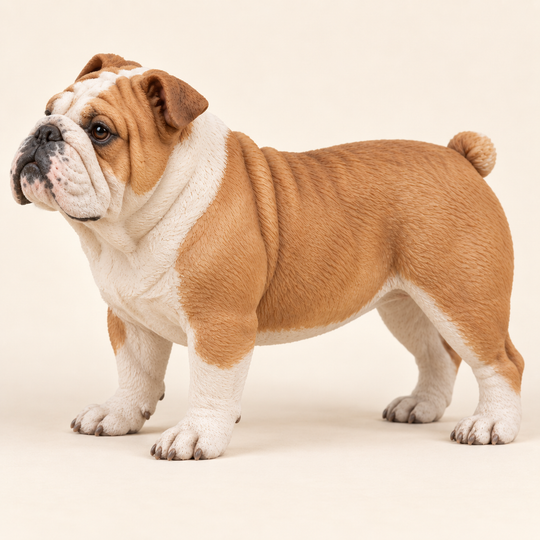 Illustrative side view of a custom English Bulldog polymer clay figurine.