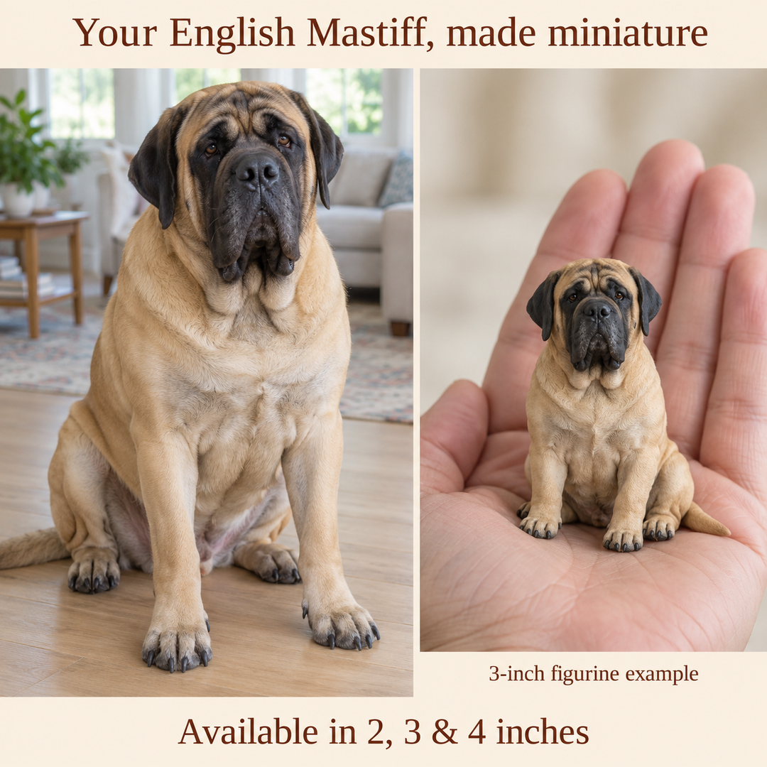 Illustrative English Mastiff comparison showing a small 3-inch figurine beside a dog; available in 2, 3 and 4 inches. Dog sizes vary.