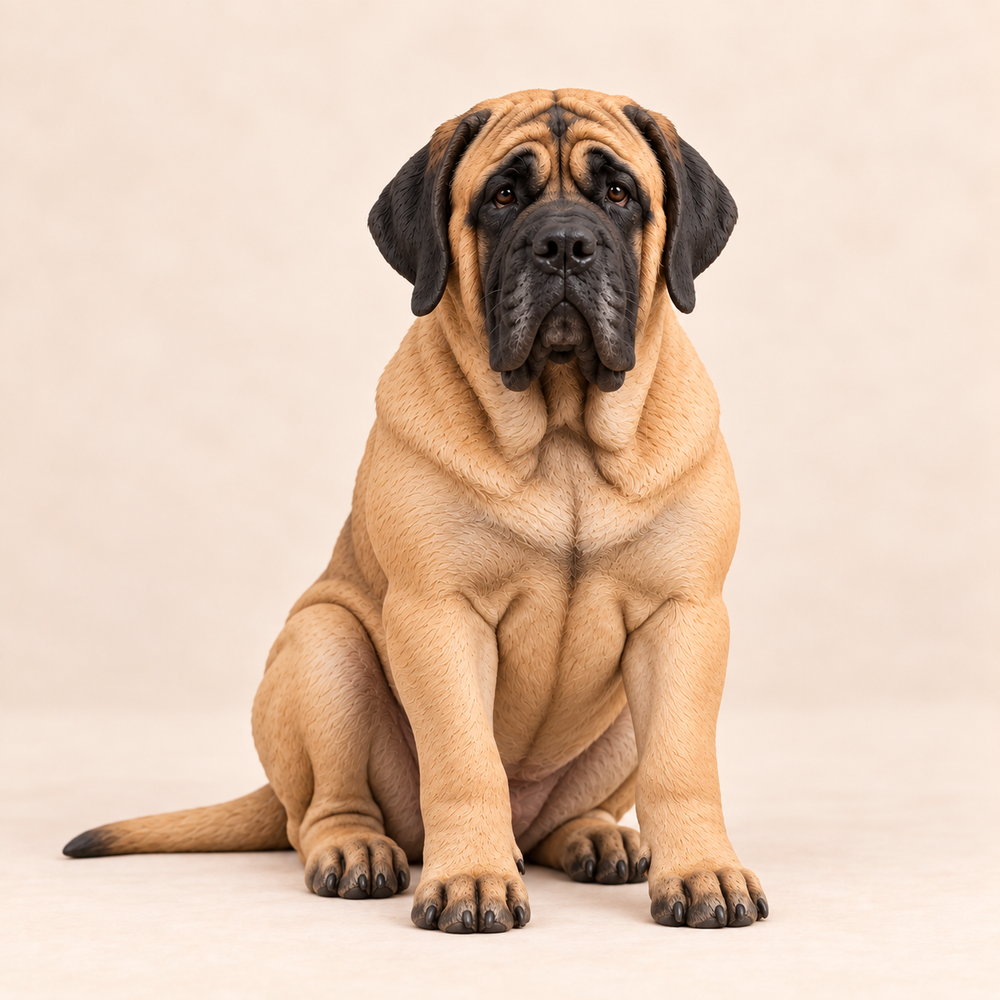 Illustrative front view of a custom English Mastiff polymer clay figurine.