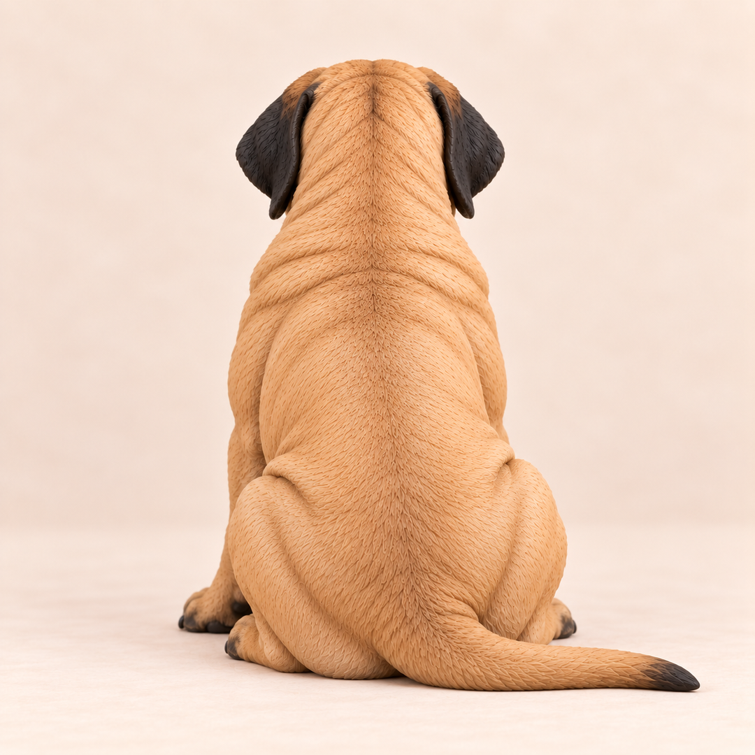 Illustrative rear view of a custom English Mastiff polymer clay figurine.