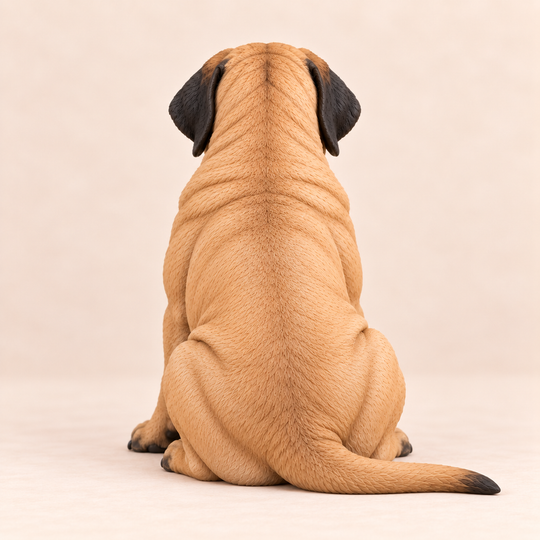 Illustrative rear view of a custom English Mastiff polymer clay figurine.