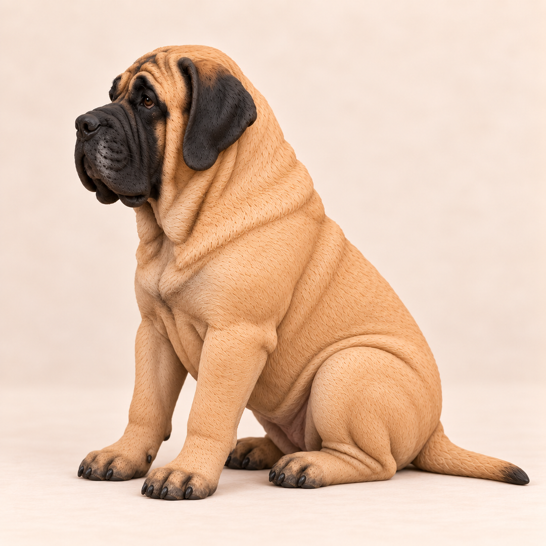 Illustrative side view of a custom English Mastiff polymer clay figurine.