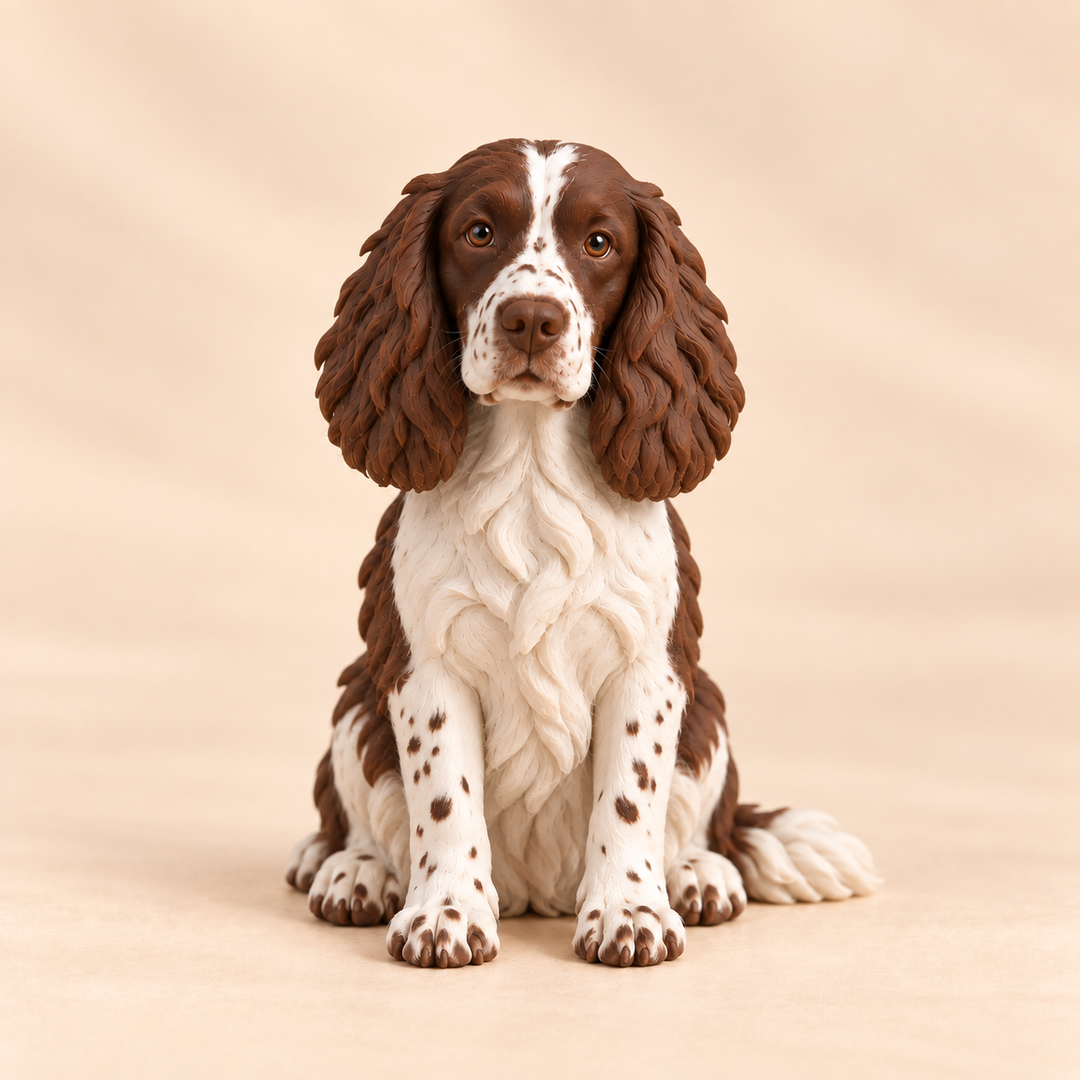 Illustrative front view of a custom English Springer Spaniel polymer clay figurine.