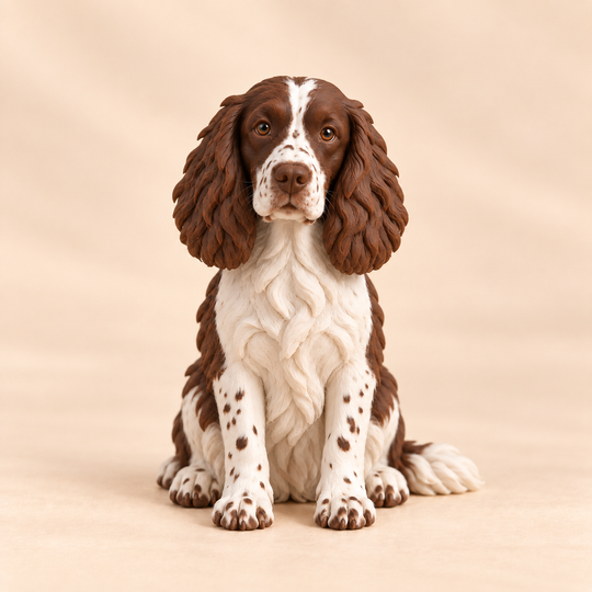 Illustrative front view of a custom English Springer Spaniel polymer clay figurine.
