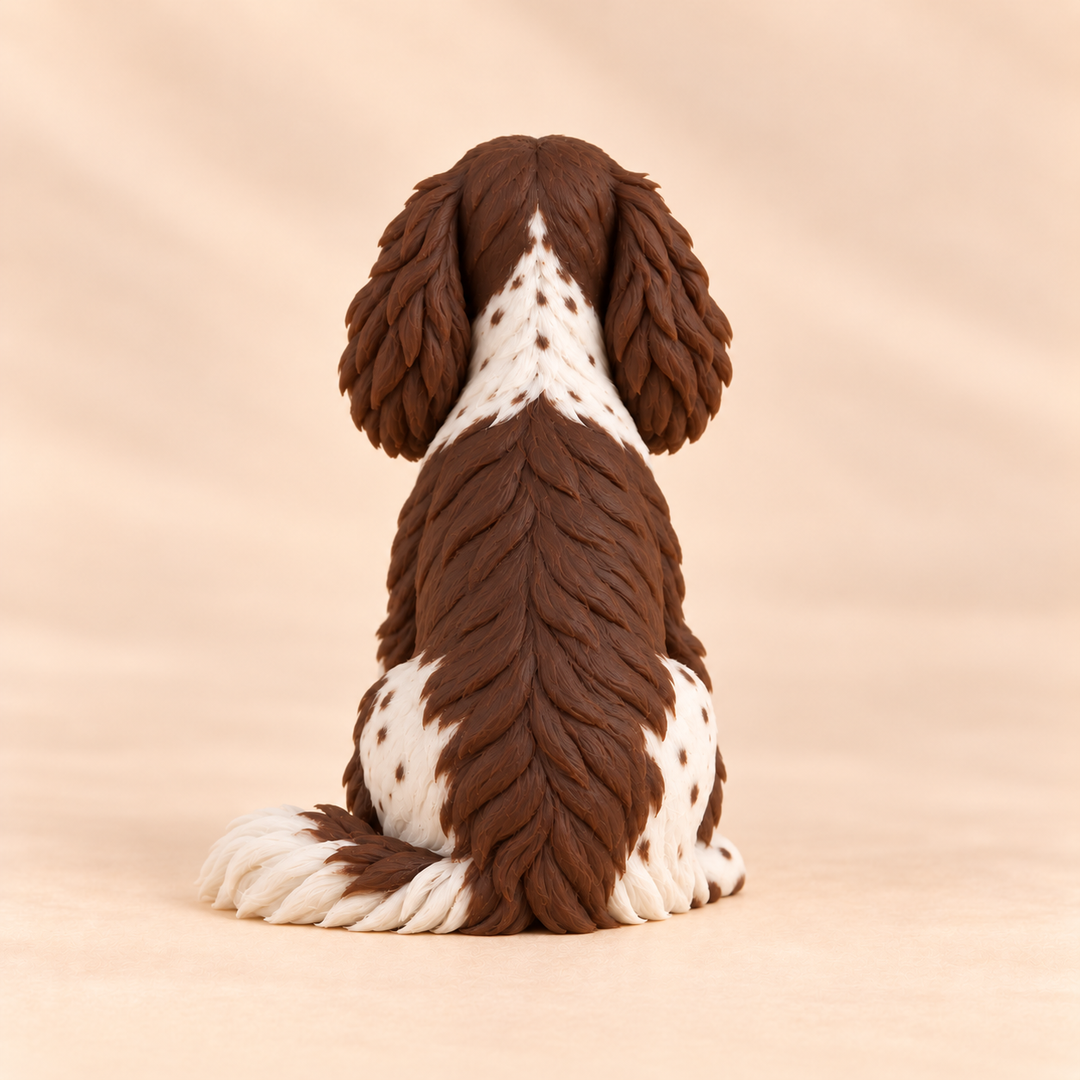 Illustrative rear view of a custom English Springer Spaniel polymer clay figurine.