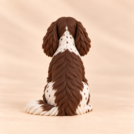 Illustrative rear view of a custom English Springer Spaniel polymer clay figurine.