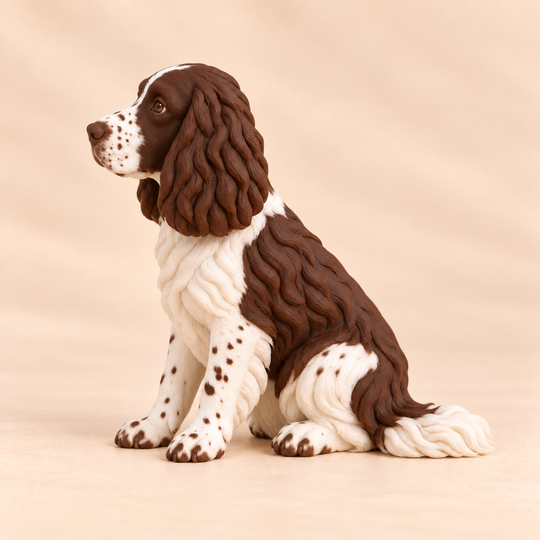 Illustrative side view of a custom English Springer Spaniel polymer clay figurine.