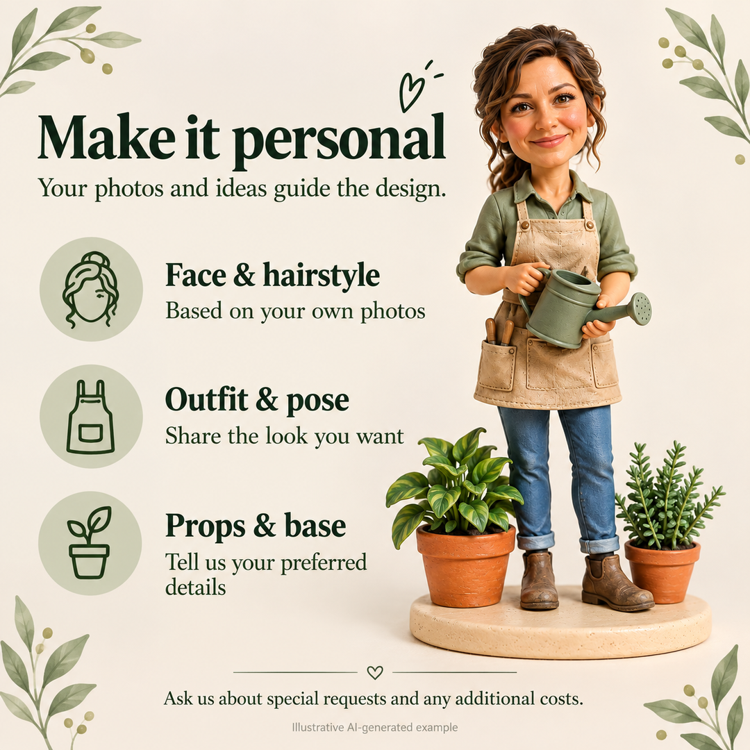 Personalise your gardener figurine with your face, hairstyle, outfit, pose, props and base