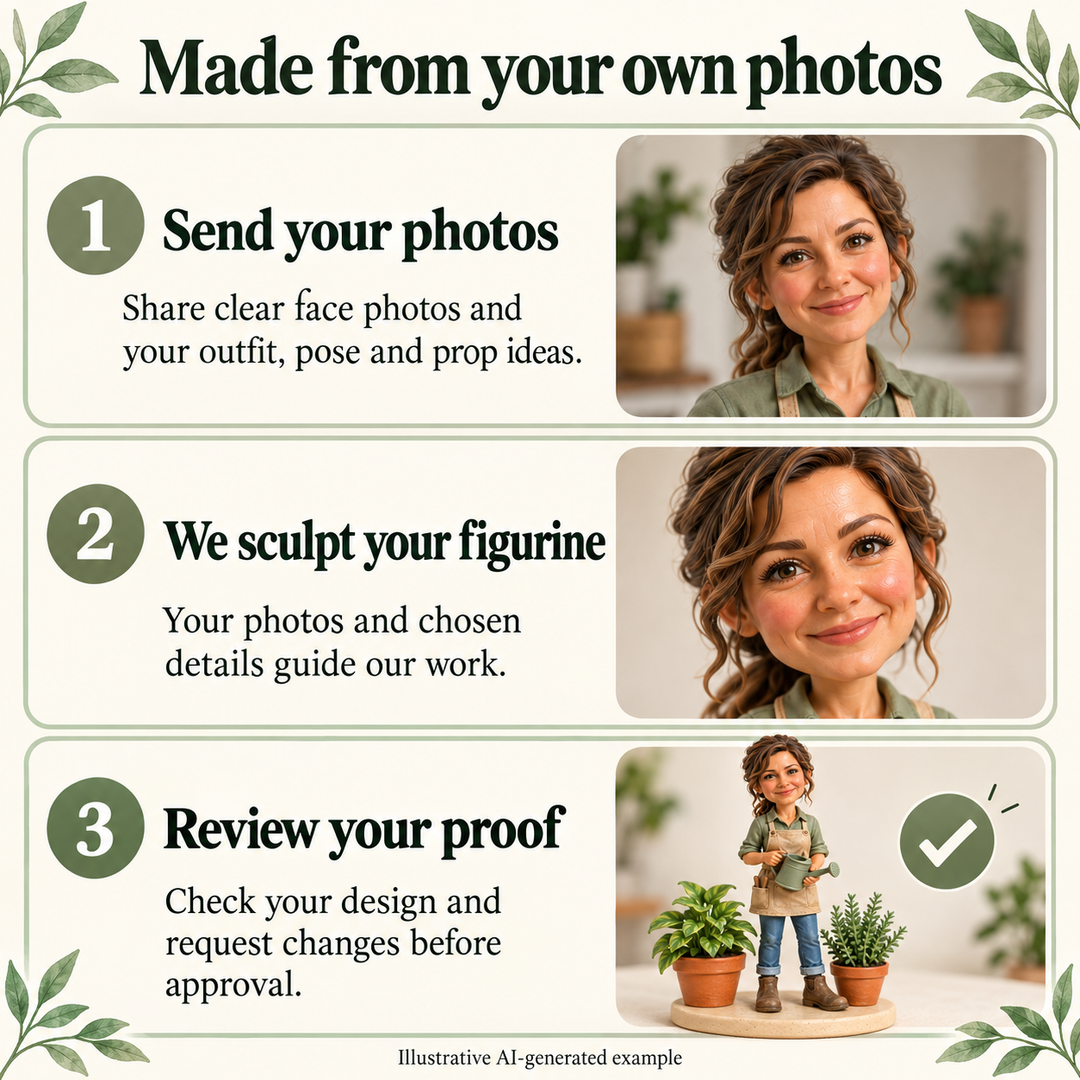 Submit your own photos, we sculpt your gardener figurine, and you review the proof
