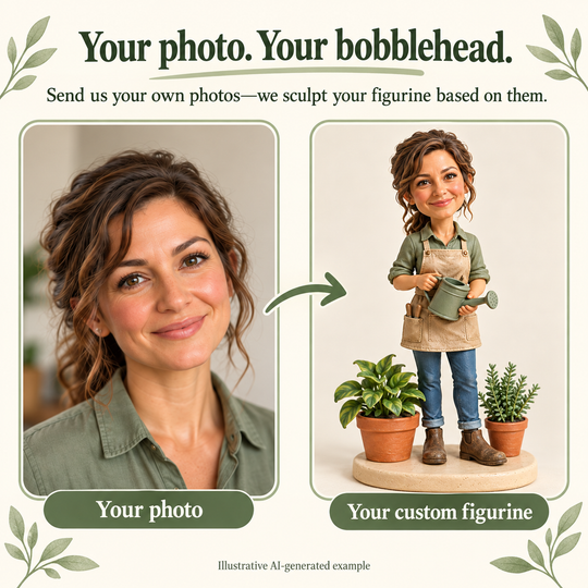 Send your own photos to create a personalised gardener bobblehead; illustrative AI-generated comparison