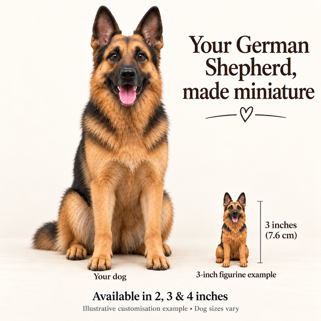 Illustrative German Shepherd comparison showing a small 3-inch figurine example beside a full-size dog; available in 2, 3 and 4 inches. Dog sizes vary.