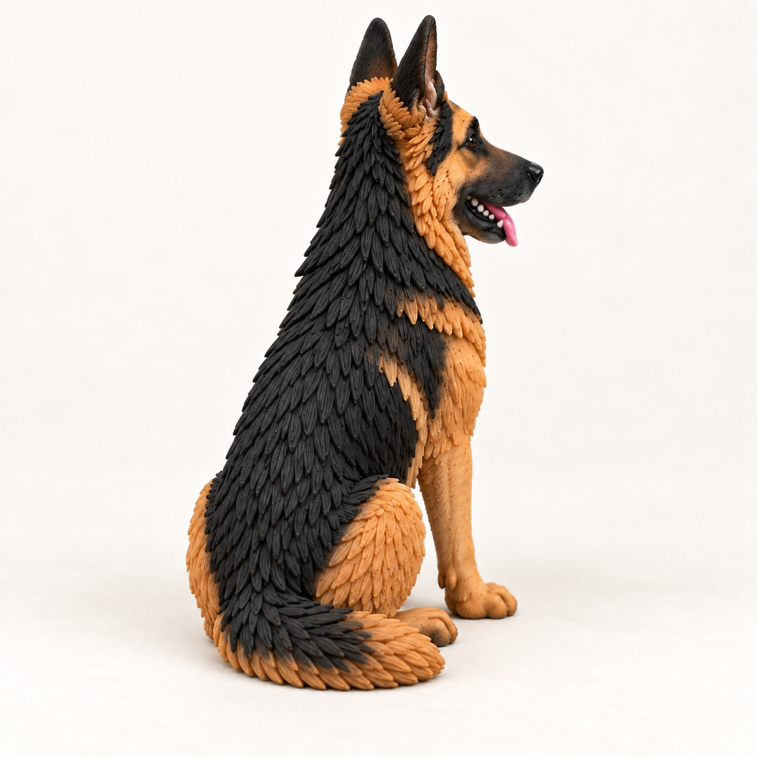 Illustrative rear view of a seated German Shepherd figurine with a black saddle coat and tan paws.