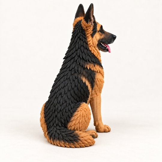 Illustrative rear view of a seated German Shepherd figurine with a black saddle coat and tan paws.