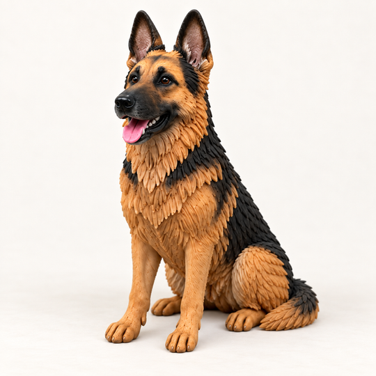 Illustrative side view of a seated black-and-tan German Shepherd polymer clay figurine.