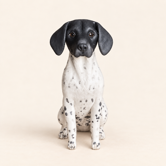 Illustrative front view of a custom German Shorthaired Pointer polymer clay figurine.