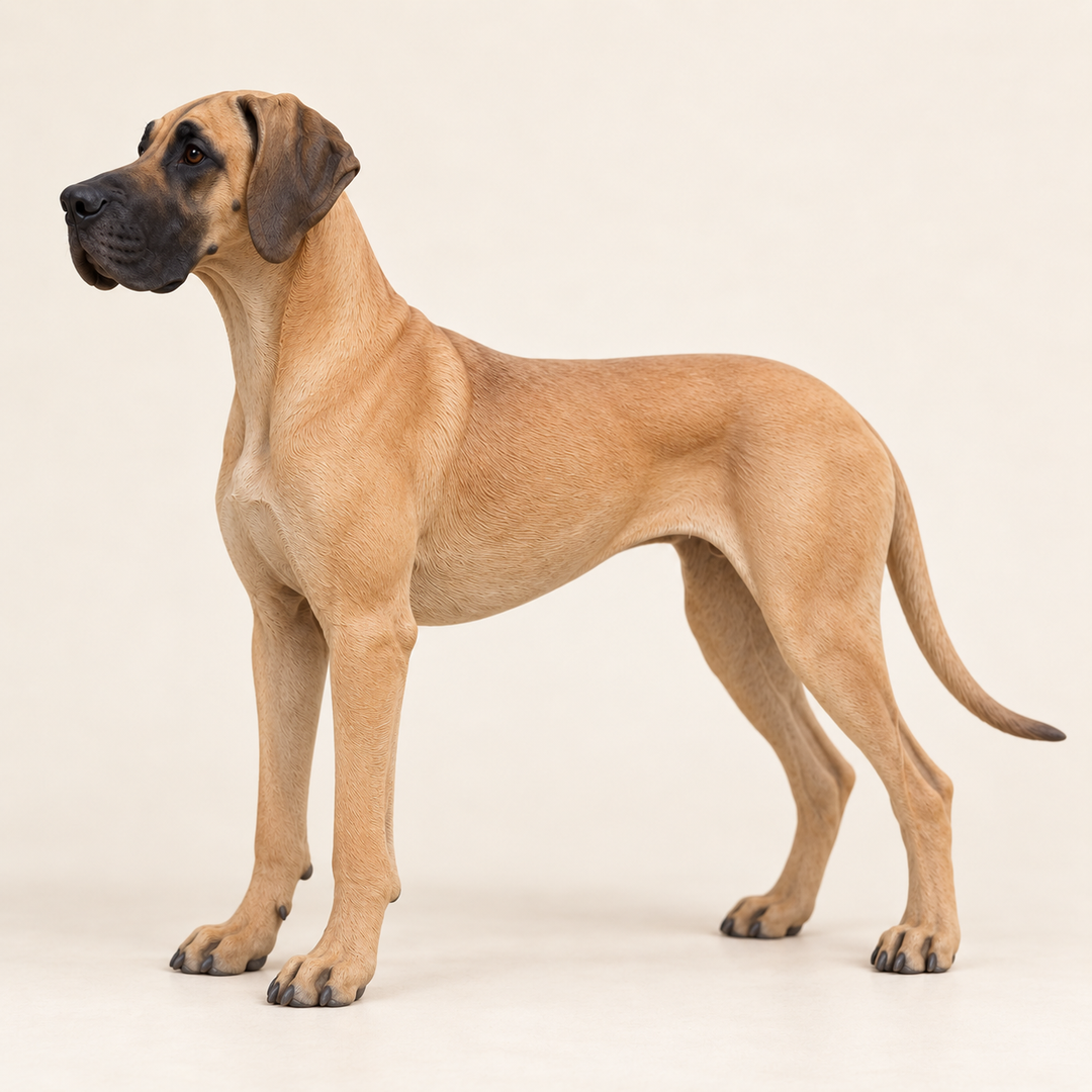 Illustrative side view of a custom Great Dane polymer clay figurine.