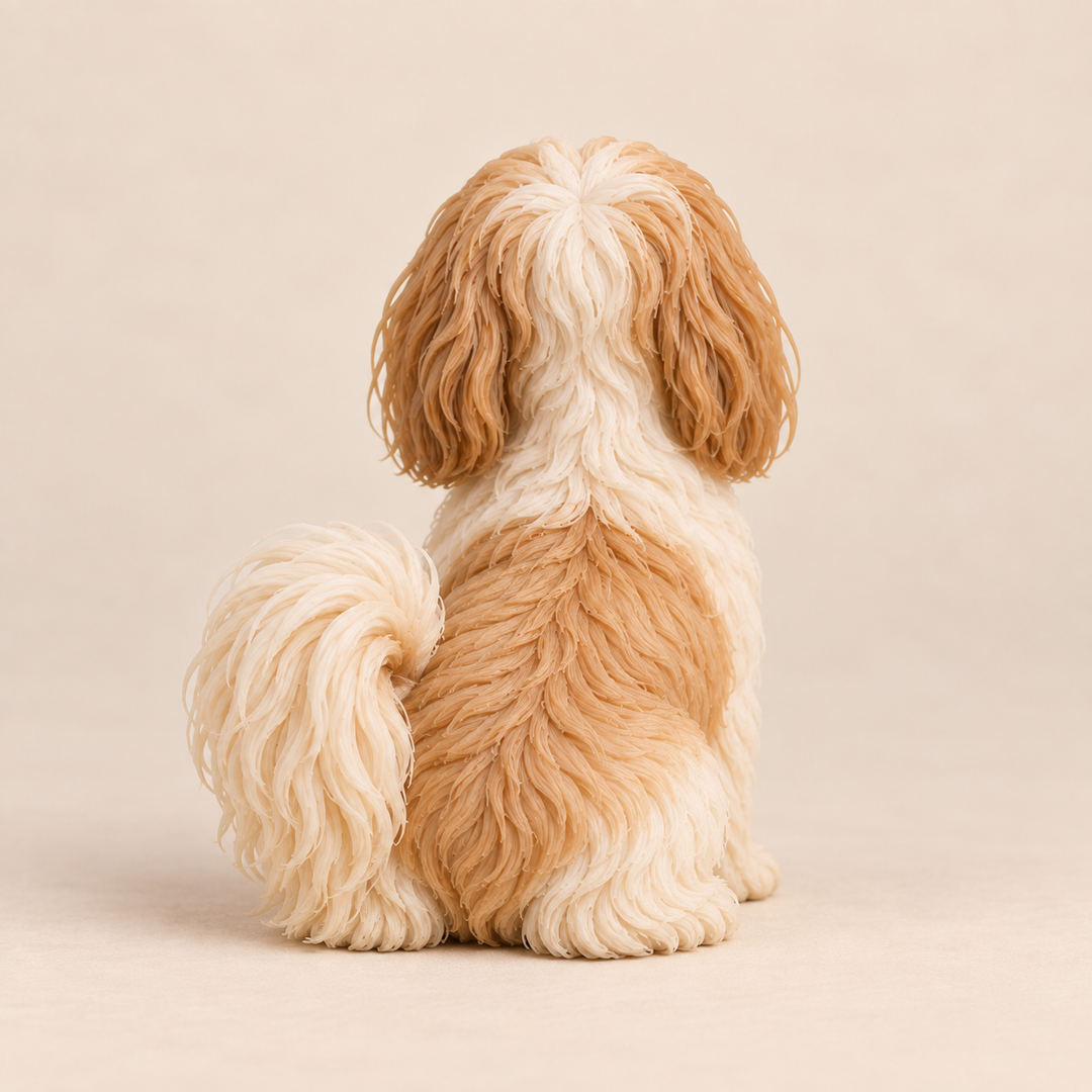 Illustrative rear view of a custom Havanese polymer clay figurine.