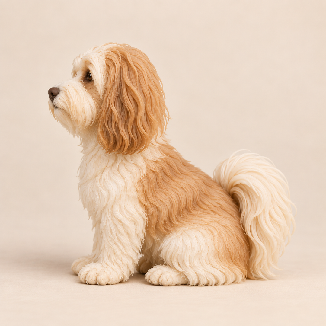 Illustrative side view of a custom Havanese polymer clay figurine.