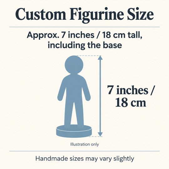 Approximate seven-inch human figurine height including the base; illustration only