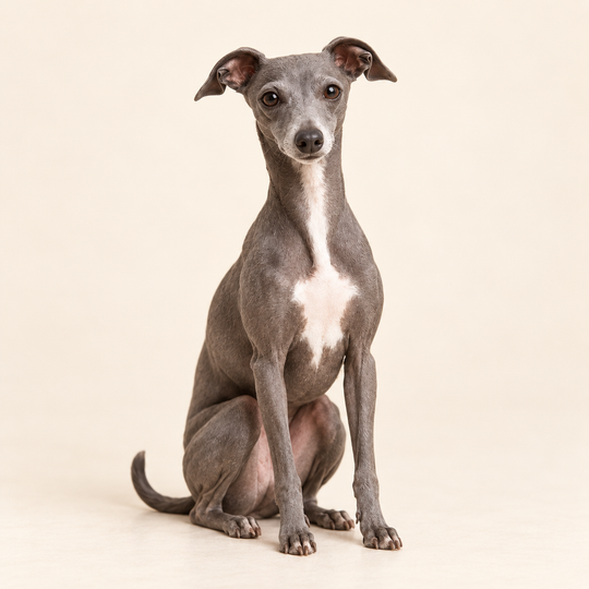 Illustrative front view of a custom Italian Greyhound polymer clay figurine.