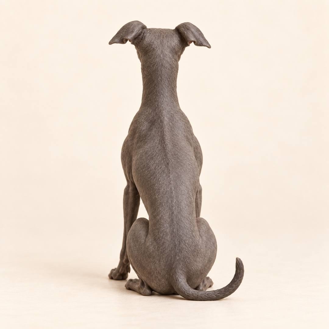 Illustrative rear view of a custom Italian Greyhound polymer clay figurine.
