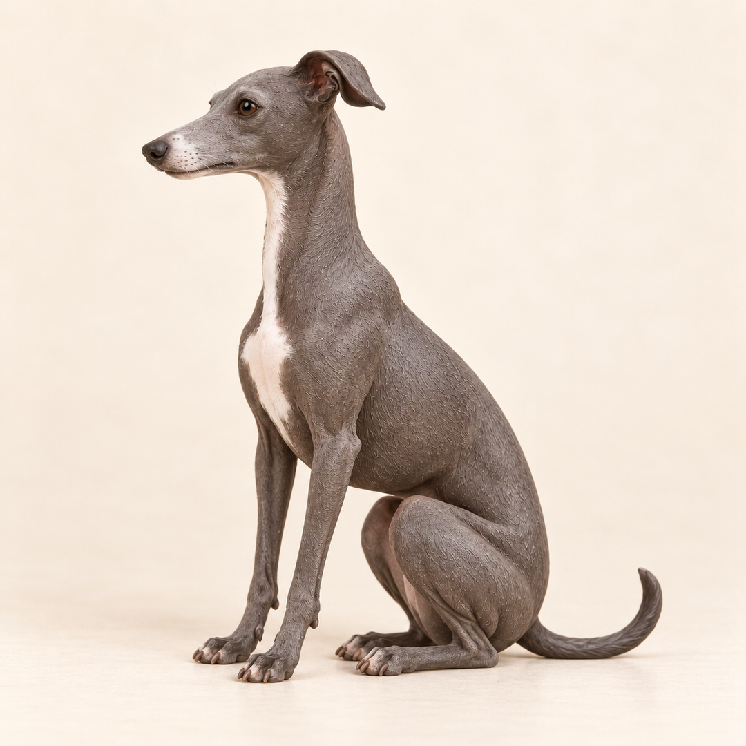 Illustrative side view of a custom Italian Greyhound polymer clay figurine.