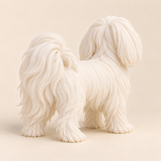 Illustrative rear view of a custom Maltese polymer clay figurine.