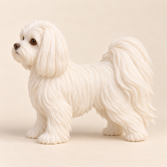 Illustrative side view of a custom Maltese polymer clay figurine.