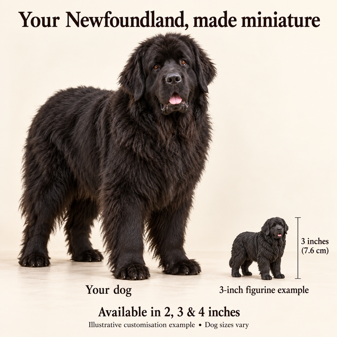 Illustrative Newfoundland comparison showing a small 3-inch figurine beside a dog; available in 2, 3 and 4 inches. Dog sizes vary.