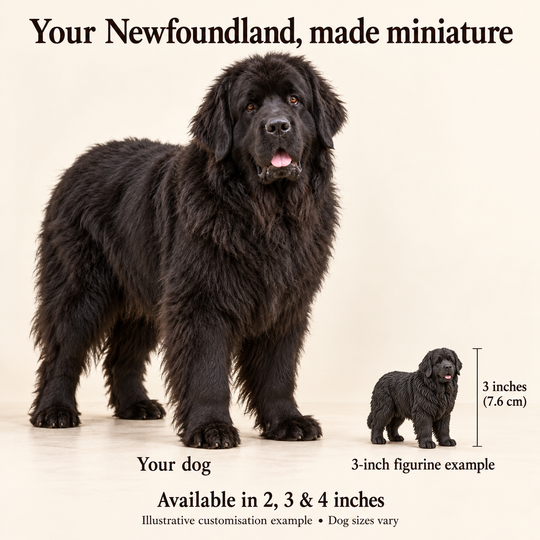 Illustrative Newfoundland comparison showing a small 3-inch figurine beside a dog; available in 2, 3 and 4 inches. Dog sizes vary.