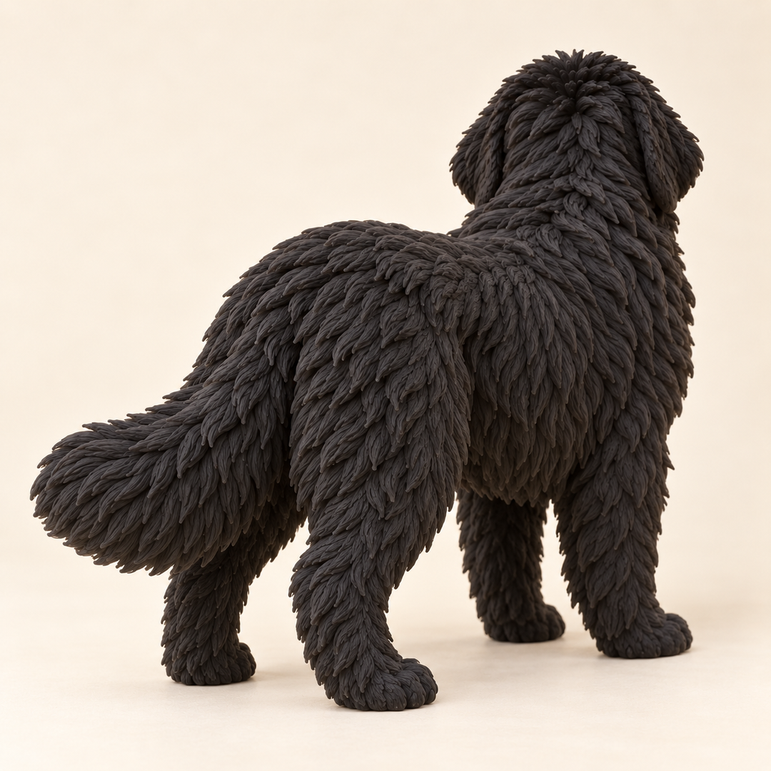 Illustrative rear view of a custom Newfoundland polymer clay figurine.