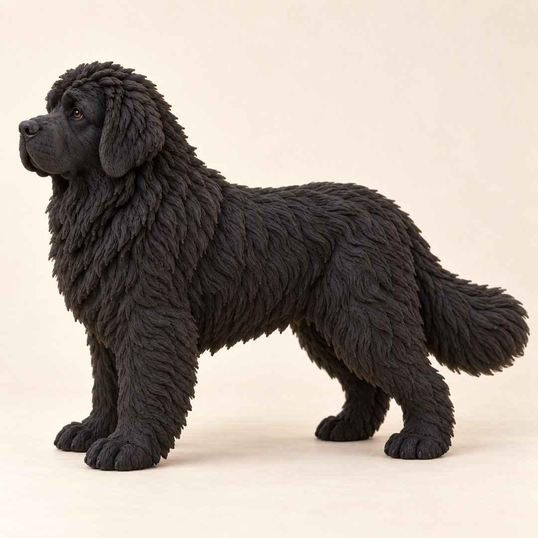 Illustrative side view of a custom Newfoundland polymer clay figurine.