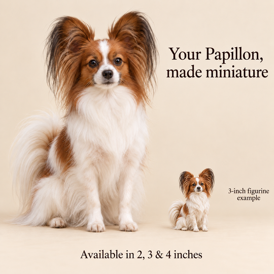 Illustrative Papillon comparison showing a small 3-inch figurine beside a dog; available in 2, 3 and 4 inches. Dog sizes vary.