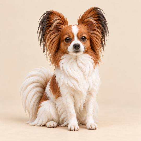 Illustrative front view of a custom Papillon polymer clay figurine.