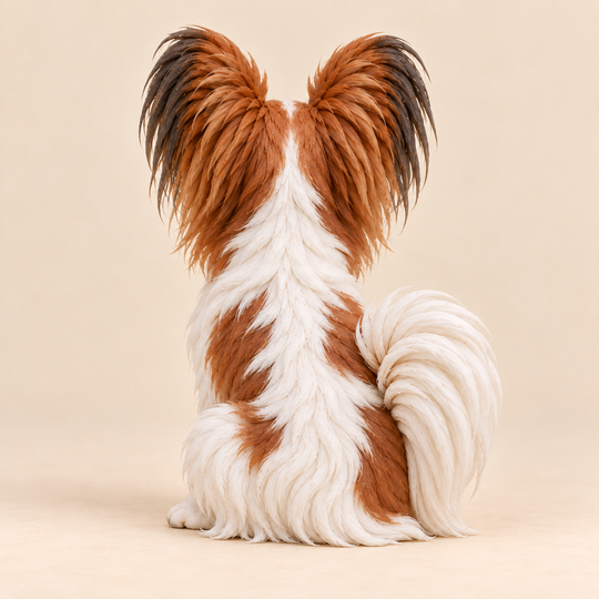 Illustrative rear view of a custom Papillon polymer clay figurine.