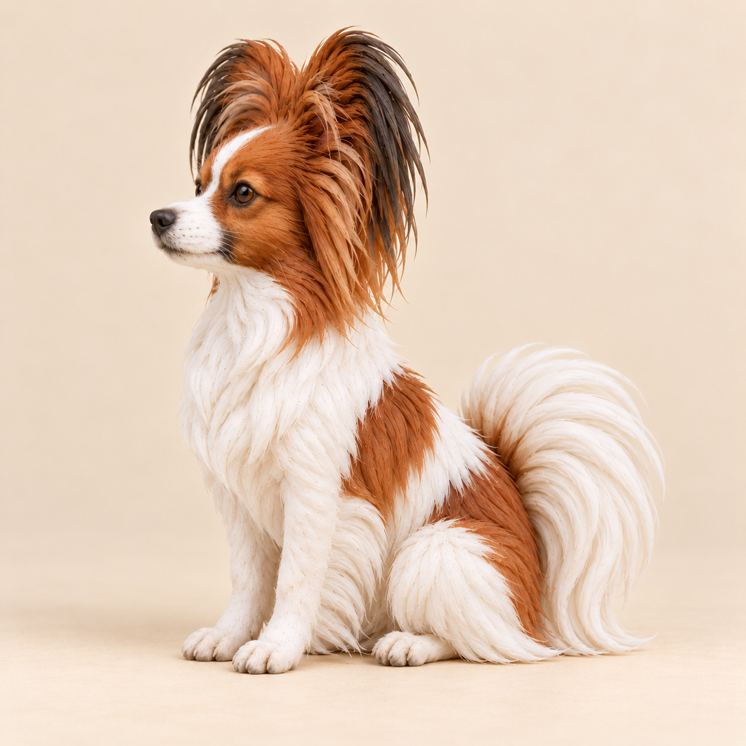 Illustrative side view of a custom Papillon polymer clay figurine.