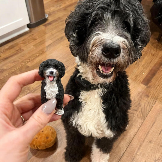 Small handmade black and white dog figurine held beside the dog used as its reference