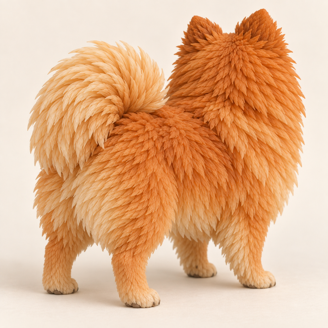 Illustrative rear view of a custom Pomeranian polymer clay figurine.