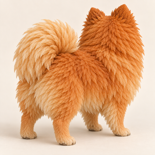 Illustrative rear view of a custom Pomeranian polymer clay figurine.