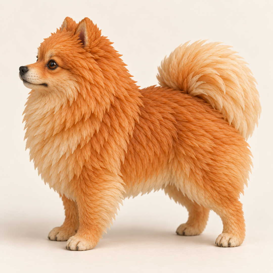 Illustrative side view of a custom Pomeranian polymer clay figurine.