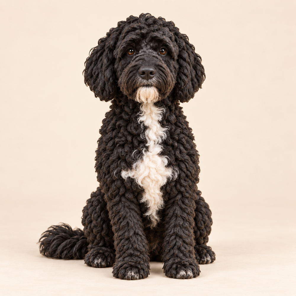 Illustrative front view of a custom Portuguese Water Dog polymer clay figurine.