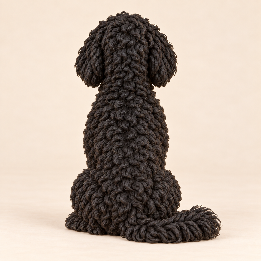 Illustrative rear view of a custom Portuguese Water Dog polymer clay figurine.