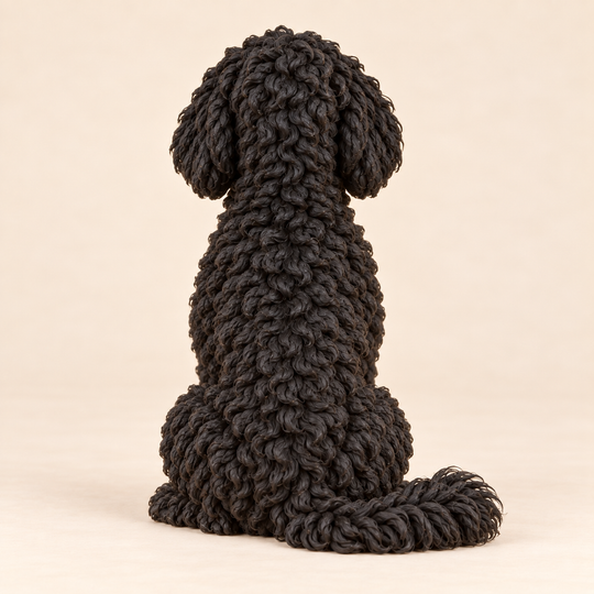 Illustrative rear view of a custom Portuguese Water Dog polymer clay figurine.