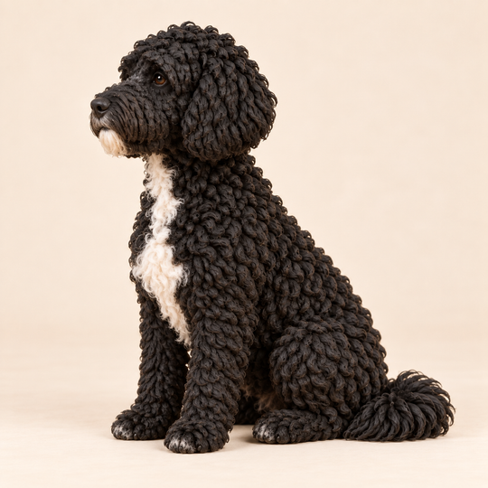 Illustrative side view of a custom Portuguese Water Dog polymer clay figurine.