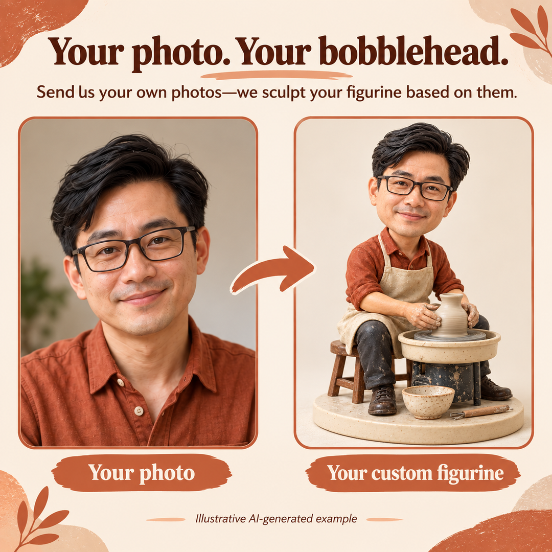 Send your own photos and we sculpt your custom potter figurine; AI-generated example