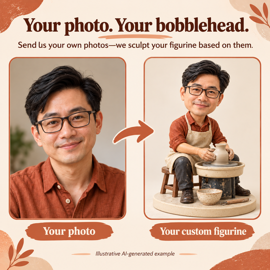 Send your own photos and we sculpt your custom potter figurine; AI-generated example