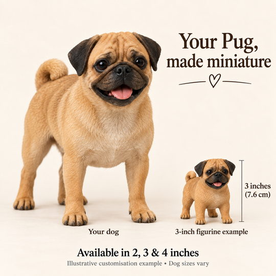 Illustrative Pug comparison showing a small 3-inch figurine example beside a full-size dog; available in 2, 3 and 4 inches. Dog sizes vary.